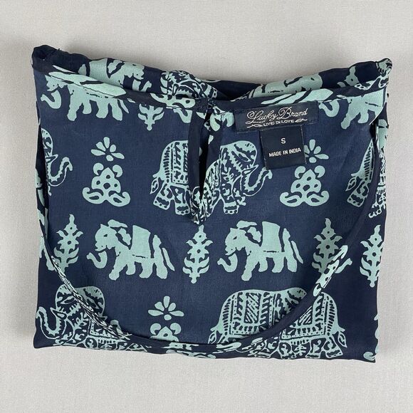 Lucky Brand Chiffon Short Sleeve Blouse Women's Small Blue Elephant Pattern Boho - Picture 3 of 13